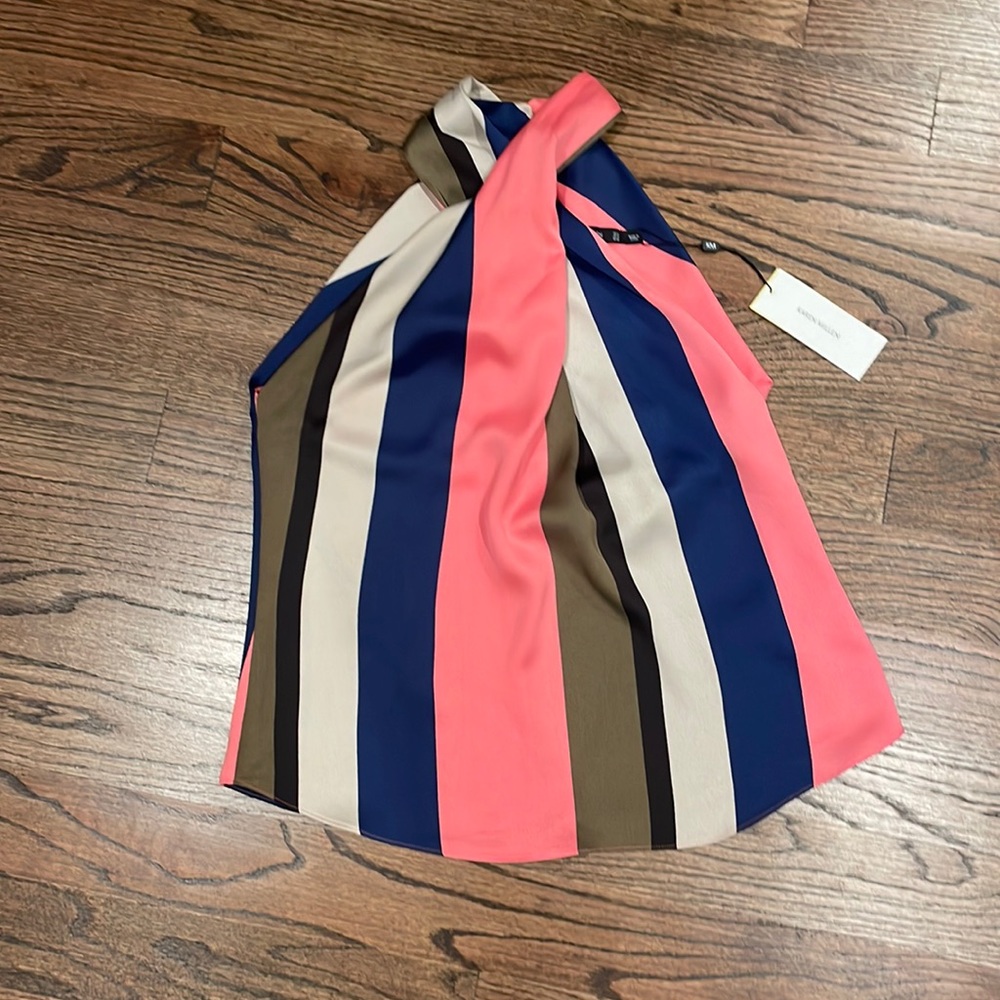 Karen Millen Blouse NWT Pink Blue Olive Khaki stripe